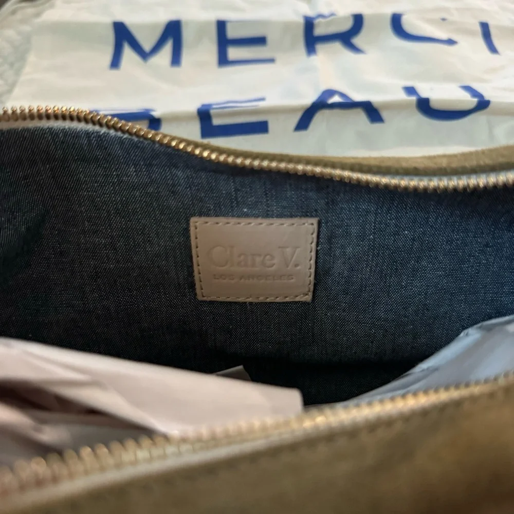 CLARE V Lune Shoulder Bag Oat Suede with Studs Studded Handbag NWT - Picture 4 of 5